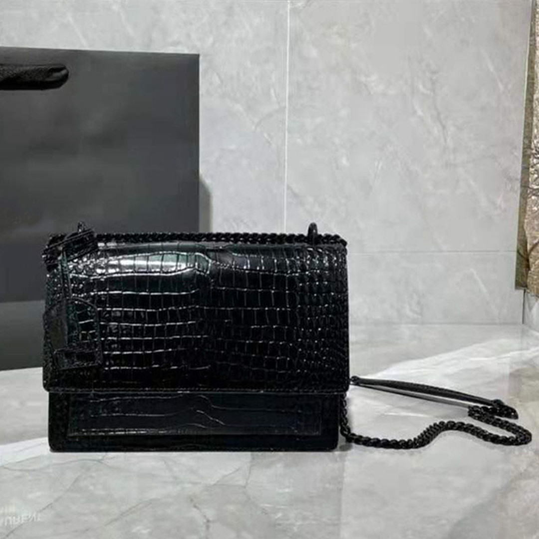 

Messenger Designer SUNSET Handbags for Women Shoulder Bags popular Bag Genuine Leather aligator, Black chain