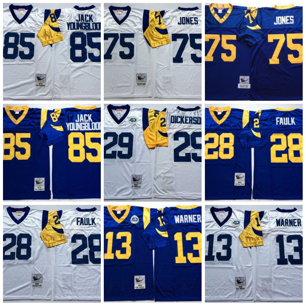 

NCAA 75th Vintage Mitchell&Ness Football 85 Jack Youngblood Jerseys 28 Marshall Faulk 13 Kurt Warner 29 Eric Dickerson 75 Deacon Jones Jersey College Blue White, Same as picture