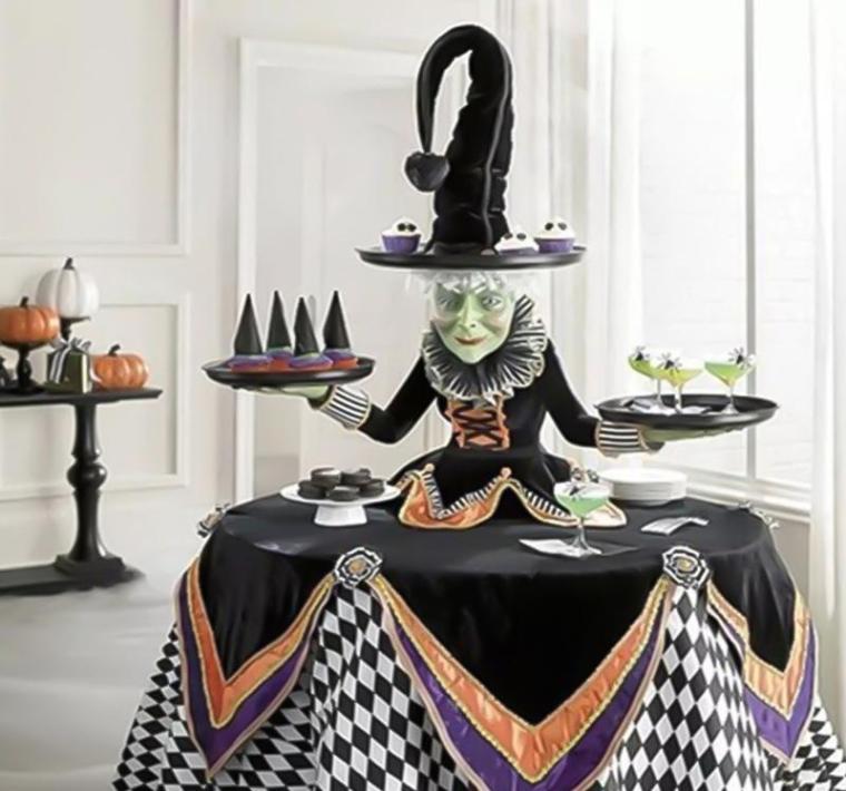 

Dishes Plates Halloween Witch Tabletop Server With Harlequin Tablecloth Cupcake Display Stand Home Decoration Resin Statue TrayD3400683, Brown