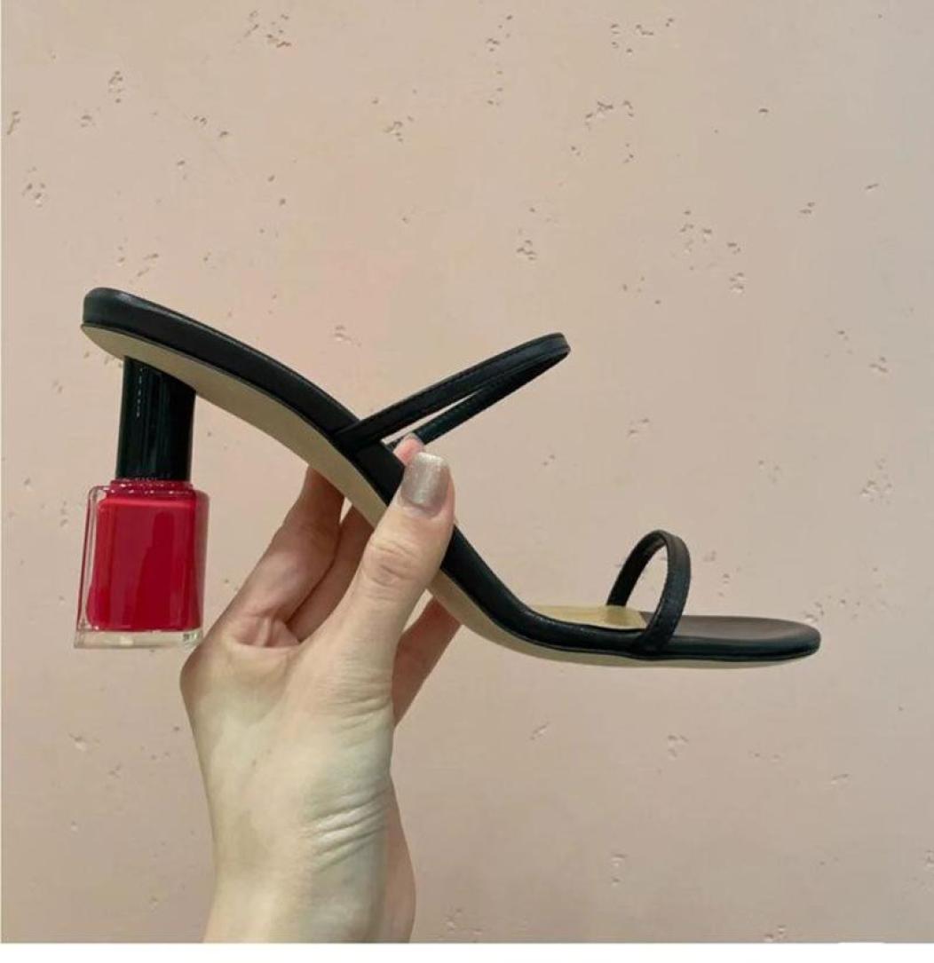 

Sandals Nail Polish Heel Women Genuine Leather Strap Slip On Casual Outside Slides7689524, Black