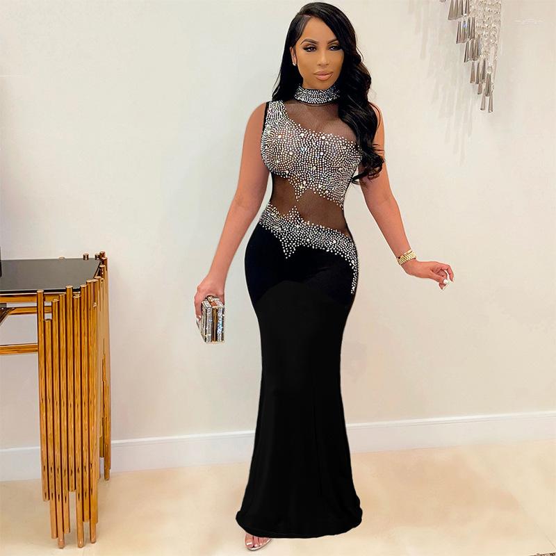 

Casual Dresses Sexy Sheer Mesh Rhinestones Transparent Long Club Women' Elegant Turtleneck Sleeveless Floor Length Vestidos De Fiesta, Black