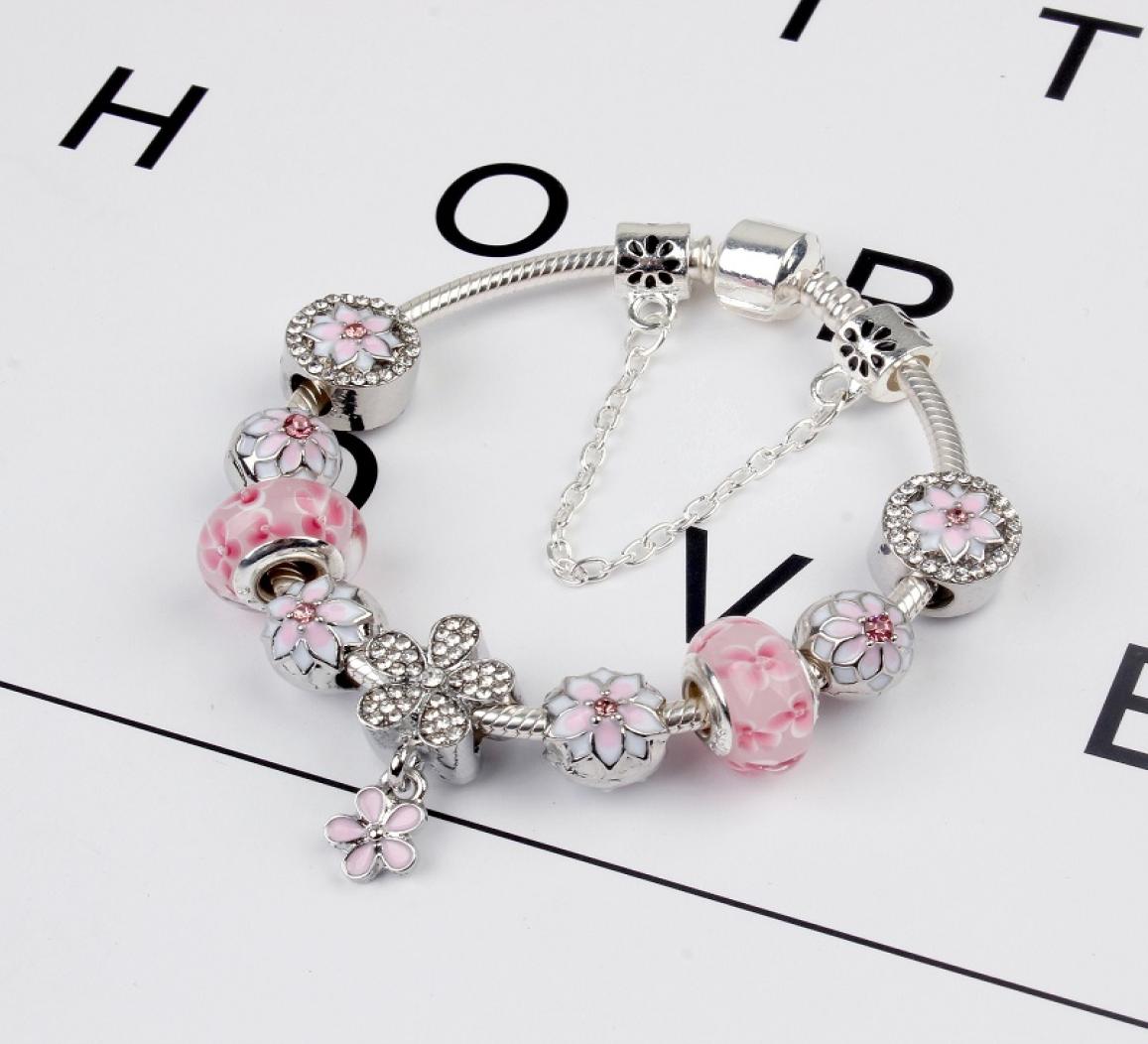 

925 Sterling Silver Pink Murano Glass Beads Charm Cherry Blossom Bracelet Snake Chain Fit Pandora European Bracelet Jewelry Making8315654