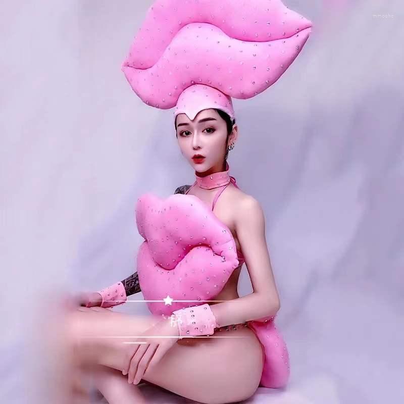 

Stage Wear Rave Outfit Jazz Performance Female Wears Costume Women Pink Big Lips Bikini Set Nightclub Pole Dance Clothing