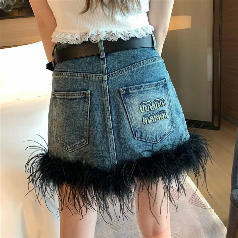 

Ostrich Hair Denim Dress For Design Letter Short Dresses Cool Girls Party, Black