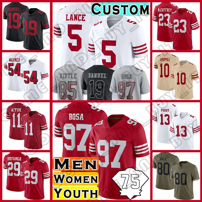 

George Kittle Football San Francisco Nick Bosa Deebo Samuel Brock Purdy 49ers Jersey Christian McCaffrey Jimmy Garoppolo Fred Warner Brandon Aiyuk Talanoa Hufanga, Custom men +patch(49ren)