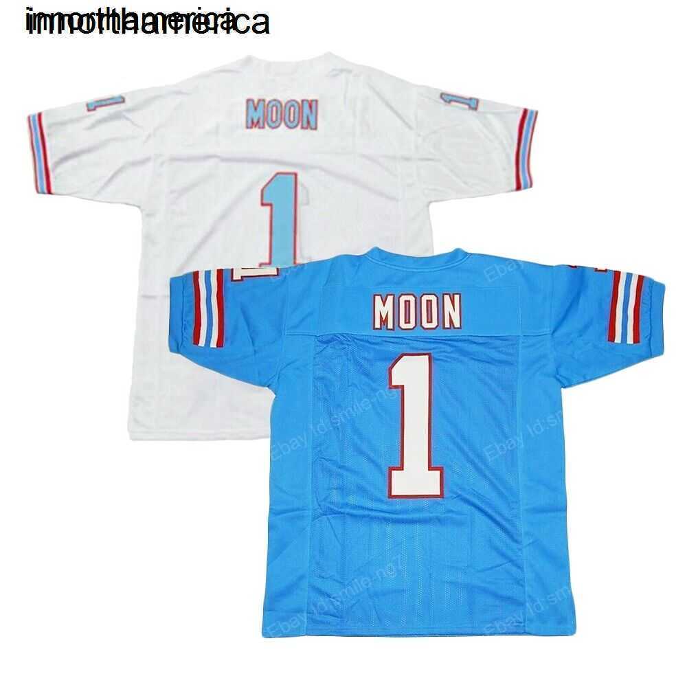 

Throwback Warren Moon #1 Football Jersey Sewn White Blue Custom Name Number