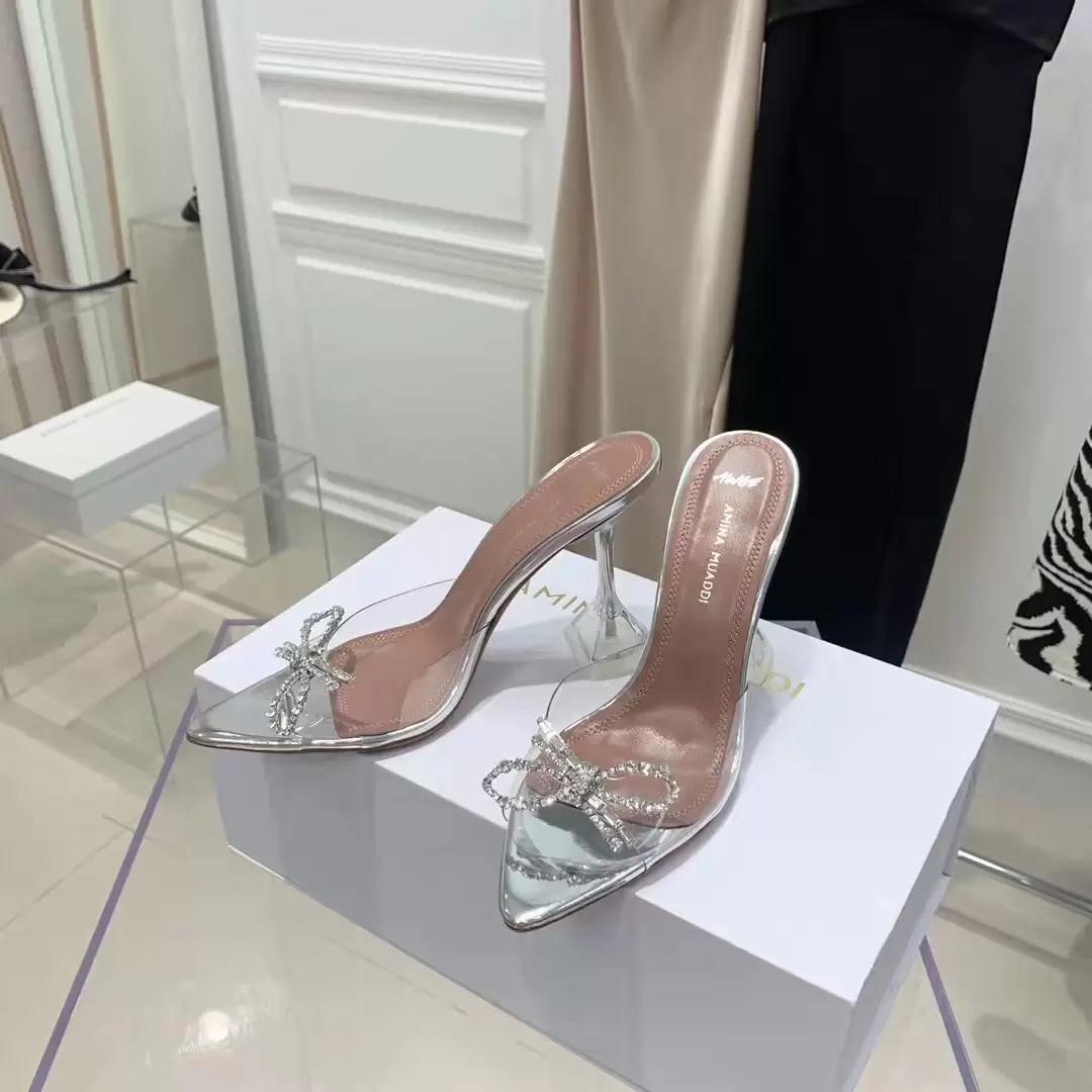 

Amina Italy Shoes Muaddi Rosie Glass Slippers Mules Transparent Pvc White Crystal Bow Sandals Fashion Season, As picture