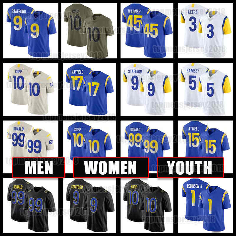 

99 Aaron Donald Jersey Baker Mayfield Cooper Kupp Football 9 Matthew Stafford Jalen Ramsey Andrew Whitworth Bobby Wagner Los Angeles Rams Eric Dickerson Taylor Rapp, Women new jersey(gy)+patch