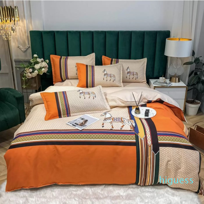 

Orange designer bedding sets cover fashion pattern cotton queen size high quality luxury queen bed comforters set covers, Orange and beige