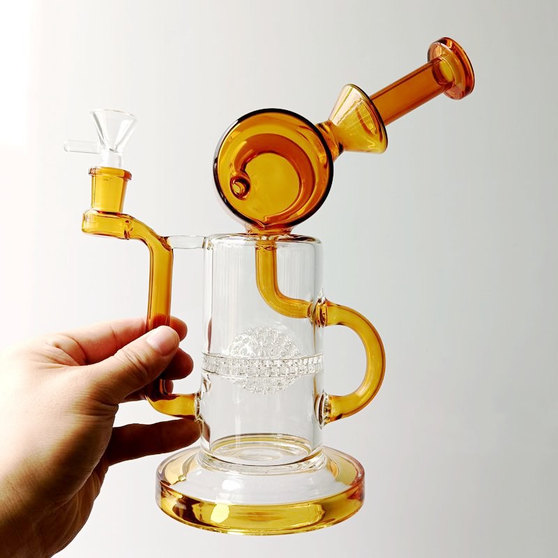 

Thick Glass Bong by Honeycomb Filters: Small Bent Tube Dab Rig with Yellow Perc - Smooth Water Pipe for Smoking