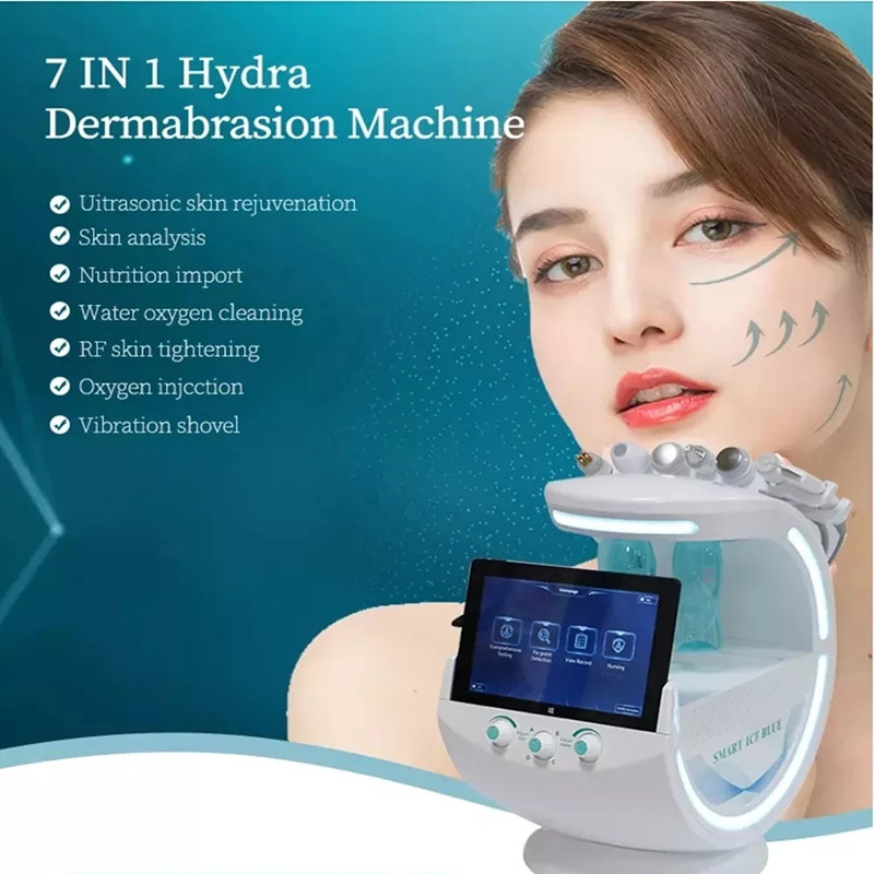 

Home Beauty Instrument Skin Care 7 in 1 Intelligent Ice Blue RF Oxygen hydra Jet Water Peeling Facial Machine With Skin Analysis
