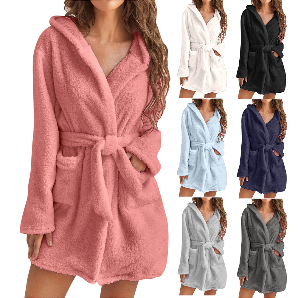 

Winter Sleepwear Women Plush Bandage Robe Soft Comfortable Warm Pajamas Shower Spa Bathrobe Sleep Nightgown Dressing Gown, Bk