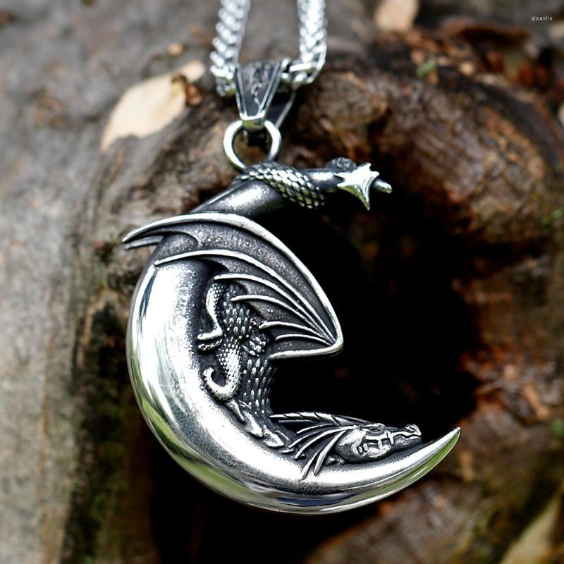 

Pendant Necklaces 2022 Men's 316L Stainless-steel Viking Sleeping Dragon On The Moon Necklace Fashion Animal Jewelry