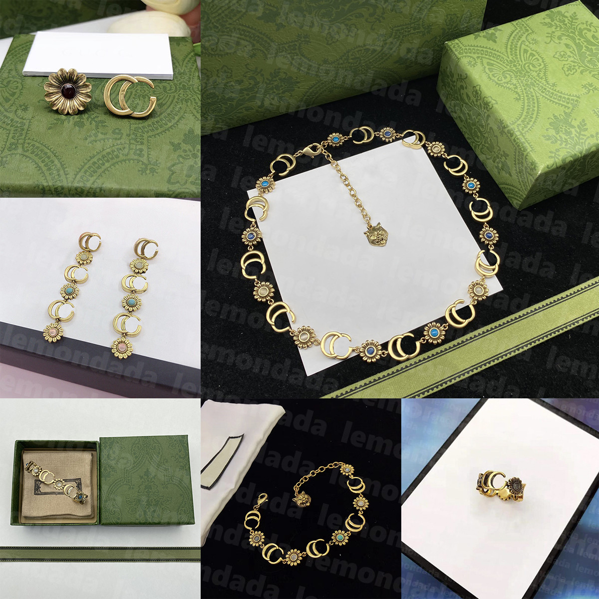 

Women Vintage Flower Stud Designer Double Letter Necklace Woman Adjustable Gold Bracelet Famous Design Jewelry Set