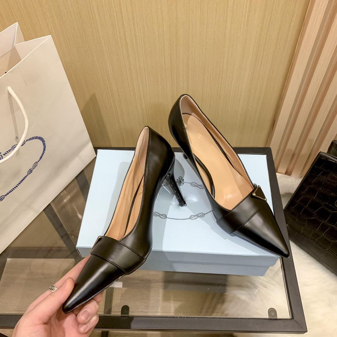 

New 2022 High Heels Shoes Ladies Luxury Designer Dress Metal Triangle Decoration Heel Height 8Cm, Black