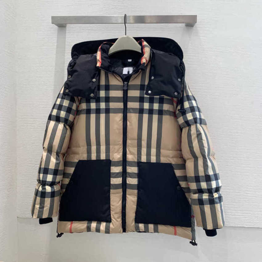 

2023 New Men' Ladies Down Jacket Short Hood Collar Plaid Style Pocket Zipper European and American Style duck