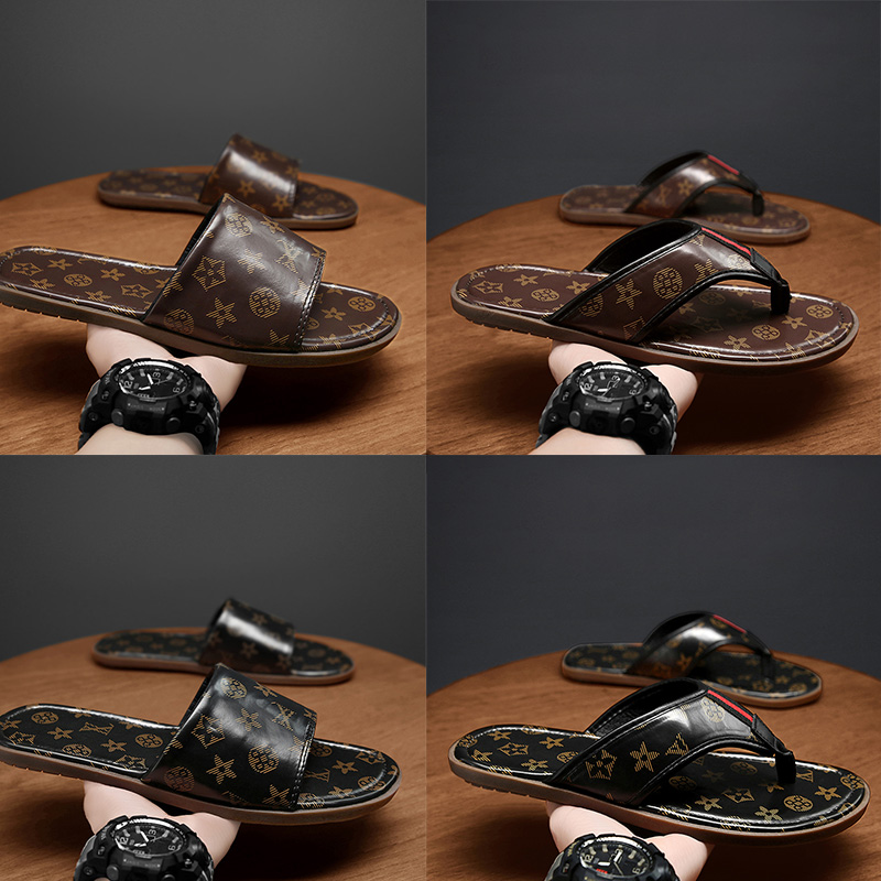 

Mens Summer Luxury brand flip flops slippers high quality Genuine Leather home indoor four seasons non-slip ssoft bottom comfortable beach sandals size 40-45, 0099 brown
