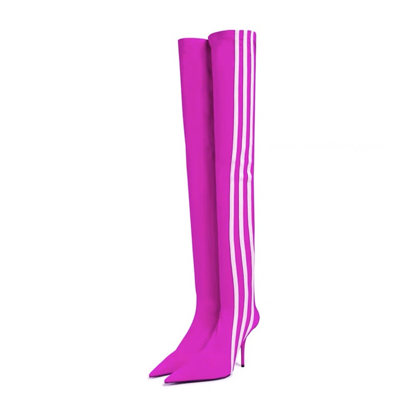 

2023 Women's Boots Four Seasons New European American Fashion Black and White Stripe Knee Length Pointed Thin High Heel Elastic Socks Slim Leg Boots, Mkl&purple