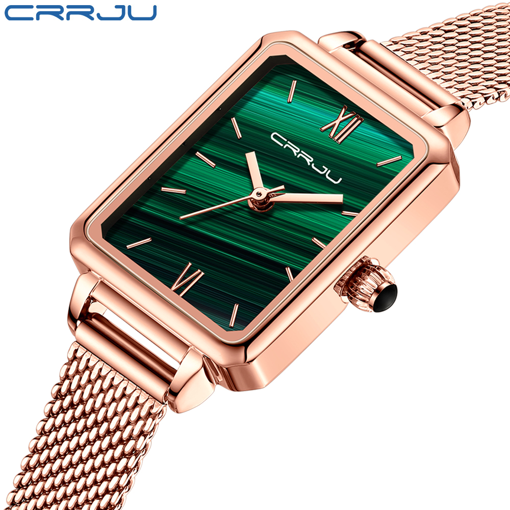 

Green women's watches CRRJU fashion casual women's daily clothing mesh watches simple and popular waterproof quartz watches women