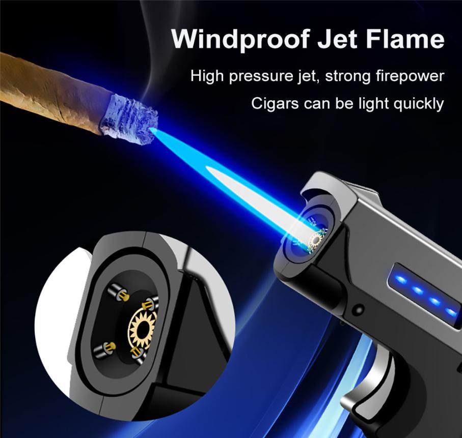 

Unique Lighter Windproof GasElectric Plasma USB Rechargable Lighters Gift for Men Folding Gun Butane Torch Turbo Jet Flame Cigar 1960856