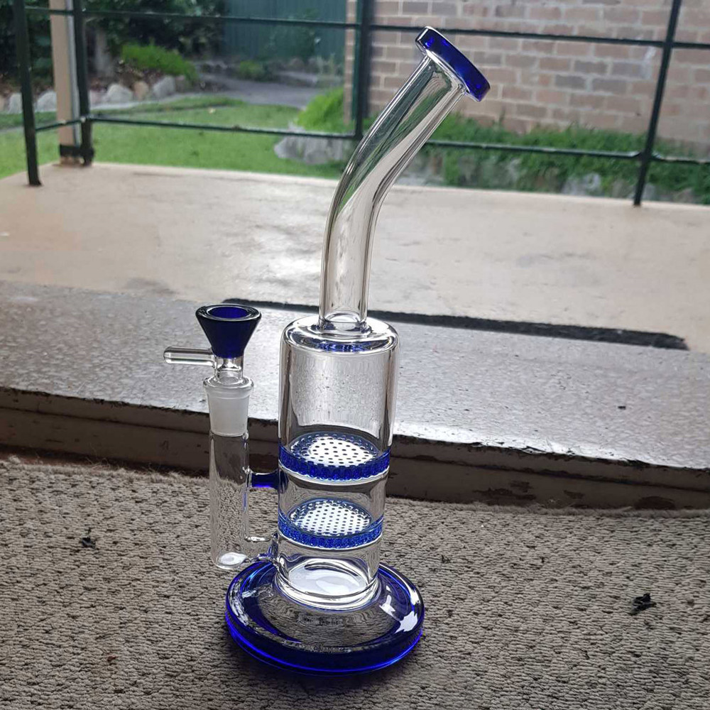 

Solid Base Glass Bongs with Blue Honeycomb Turbine Perc Thick Water Pipe Dab Rigs 14 mm Joint for Wholesaler