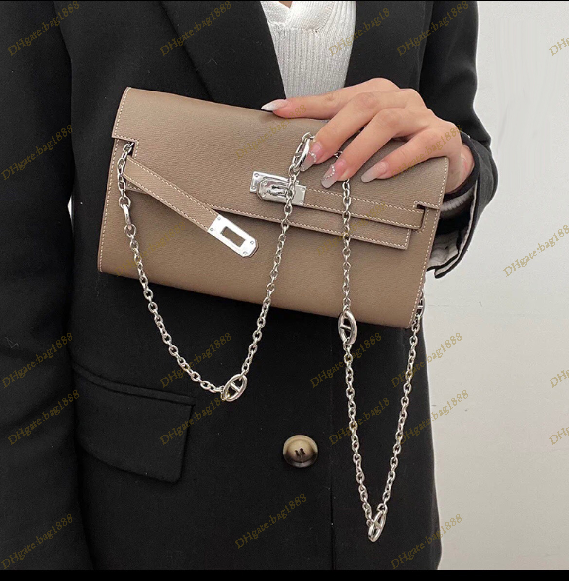 

Luxury women's bag Classic designer togo cowhide handbag Gold silver chain one shoulder messenger bags Fashion cross lock bag Horizontal style square key wallet, Orange