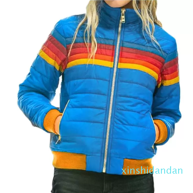 

Women's Jackets 2022 Women Winter Thin Hooded Jacket Cotton Stripe Rainbow Printed Parka For Plus Size Coat #T2G, Navy