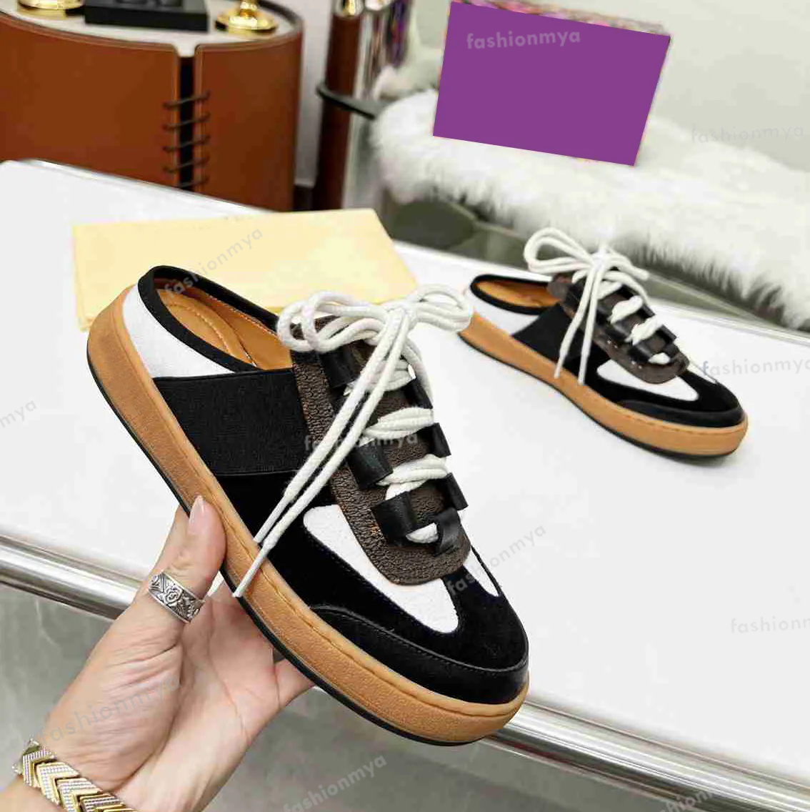 

Designer Shoes Time Out Sneakers Women Trainers Calfskin Leather Sneaker Printed Open Back Half Slippers Outdoor Shoes
