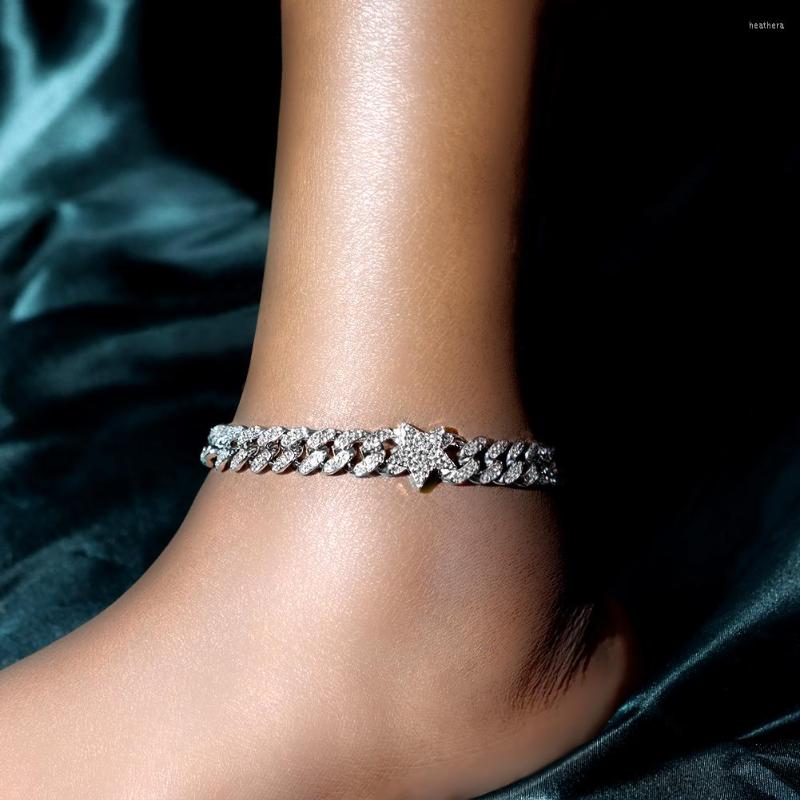 

Anklets Hip Hop Iced Out Paved Rhinestone Star Cuban Chain Anklet For Women 13MM Miami Bracelet Barefoot Sandals Jewelry