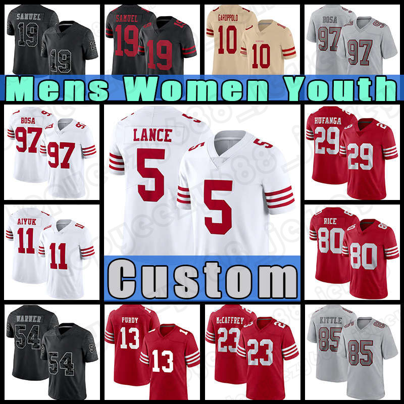 

85 George Kittle Football 23 Christian McCaffrey 97 Nick Bosa Jerseys Brock Purdy Trey Lance Jimmy Garoppolo Fred Warner Kyle Juszczyk Talanoa Hufanga Brandon Aiyuk, Custom women (49r)+patch