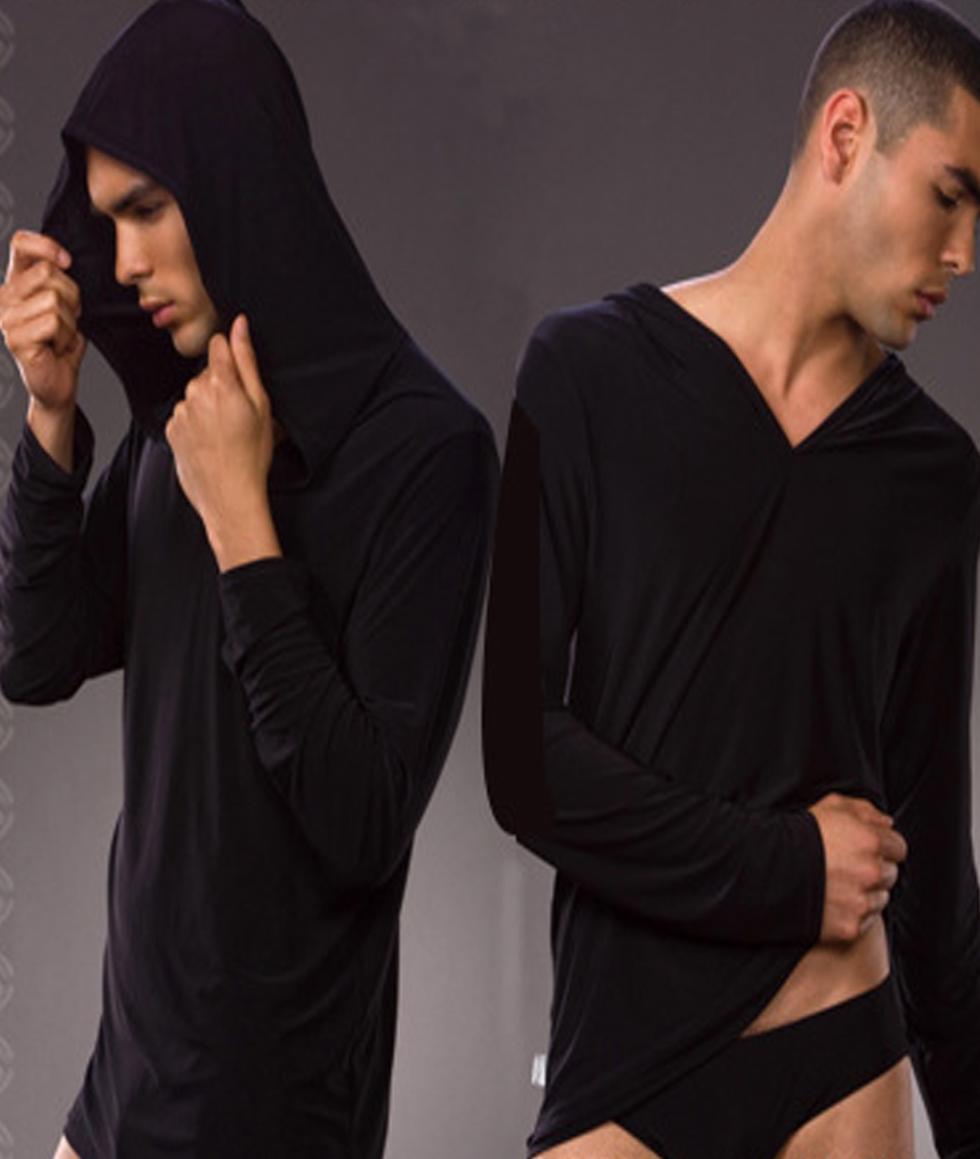 

N2N yoga Wear Mens Sexy Pajamas Sleepwear Male Robe Masculino Yoga Shirt Casual Wear Hooded Silky Polyester6421284, Black