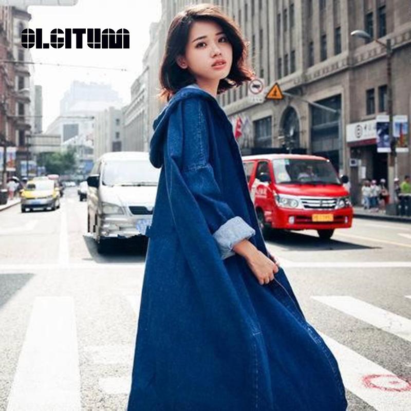 Women&#039;s Trench Coats 2022 Autumn European And American BF Casual Loose Long Demin Coat Hooded Denim Windbreaker Jacket-image-828297451