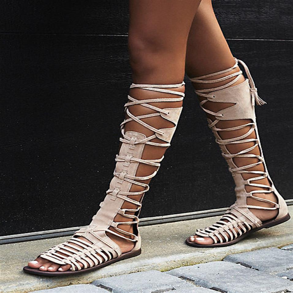 

Sexy Women's Back Zipper New Open Toe Knee High Tall Lace Up Cut Out Roman Gladiator Flat Sandals Lady Casual Runway Boots Sh238S