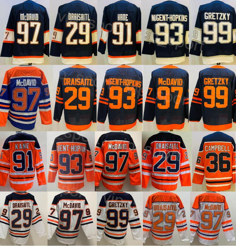 

Men 2023 Reverse Retro 29 Leon Draisaitl Jerseys 97 Connor McDavid Ice Hockey 93 Ryan Nugent-Hopkins 99 Wayne Gretzky Sewing Navy Blue White Orange Man Stitched