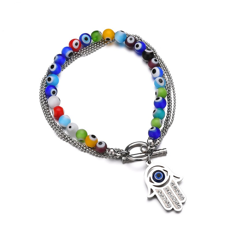

mens bangle jewelry designers bracelet for women bangles pulsera bijoux ladies charm Vintage colorful eyes Fatima multilayer steel bead chain bracelets wholesale