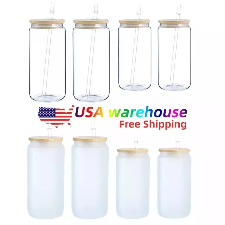 

12oz 16oz USA Warehouse Water Bottles DIY Blank Sublimation Can Tumblers Shaped Beer Glass Cups with Bamboo Lid and Straw for Iced Coffee Soda GG0201, Frosted with lids and straws