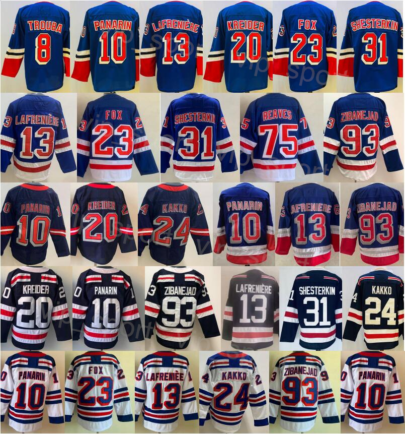 

2023 Ice Hockey Reverse Retro 24 Kaapo Kakko Jersey Man 20 Chris Kreider 23 Adam Fox 31 Igor Shesterkin 13 Alexis Lafreniere 10 Artemi Panarin 93 Mika Zibanejad Team, Navy blue