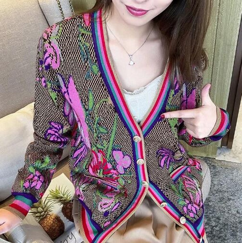 

2023 Women Sweater Knit Designer Autumn Winter Cardigans Knitted Loose Coat Flower Printed Sweaters Ladies Outer Wear Thick Streetwear, As picture