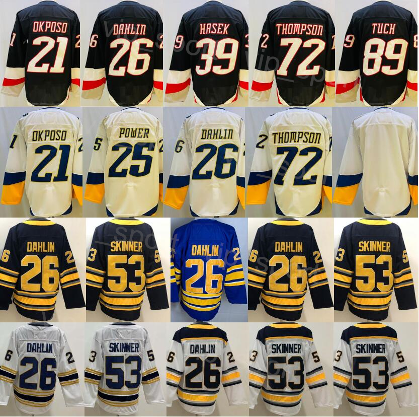 

Men Ice Hockey 2023 Reverse Retro 72 Tage Thompson Jerseys 89 Alex Tuch 21 Kyle Okposo 26 Rasmus Dahlin 53 Jeff Skinner 39 Dominik Hasek 2022 Heritage Classic Sewn On, Black