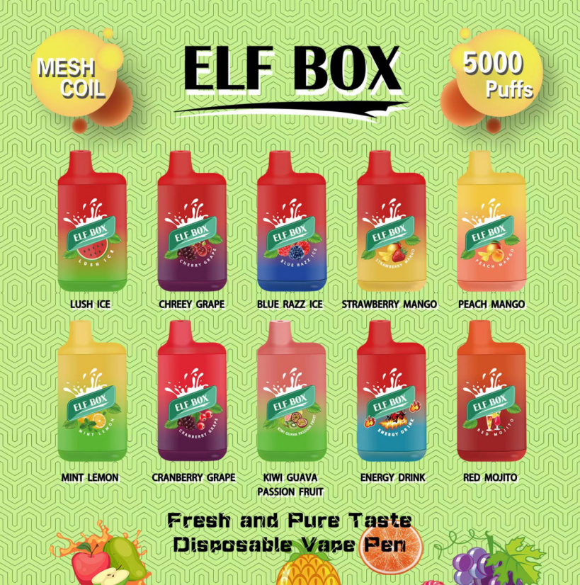 

Original Elf Box 5000 Puffs Disposable E Cigarettes 12ml Prefilled Pod 1.2ohm Mesh Coil 650mAh Rechargeable Battery 0% 2% 3% 5% Vape Device 20 Flavors