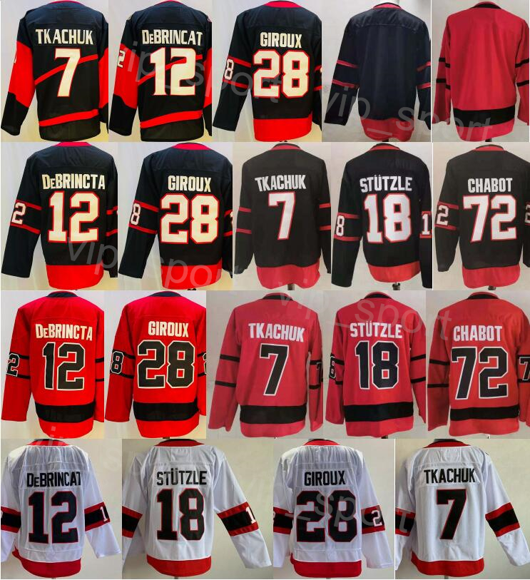 

Men Ice Hockey Reverse Retro 18 Tim Stutzle Jersey 12 Alex DeBrincat 28 Claude Giroux 7 Brady Tkachuk 72 Thomas Chabot All Stitched Black Red White Color Team Sport