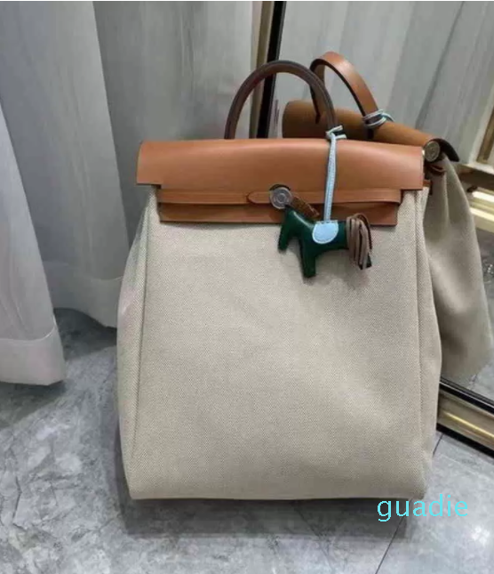 

Herme Kely Bags winter home her bag sewed with cowhide Canvas Backpack contrast leather multipurpose, Outer seam green