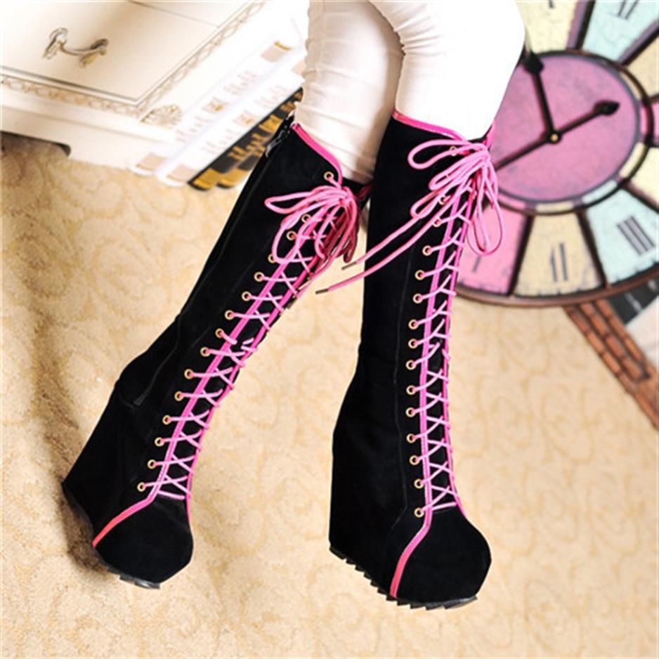 

Whole- 2015 New Ladies Punk Rock Goth Women High Platform Wedge Heels Faux Suede Lace Up Fahsion Knee High Boots Creepers Shoe300W, As piture