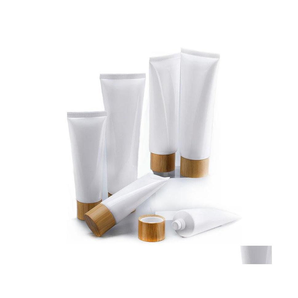 

Packing Bottles Empty White Plastic Squeeze Tubes Bottle Cosmetic Cream Jars Refillable Travel Lip Balm Container With Bamboo Cap Dr Dh0Sf