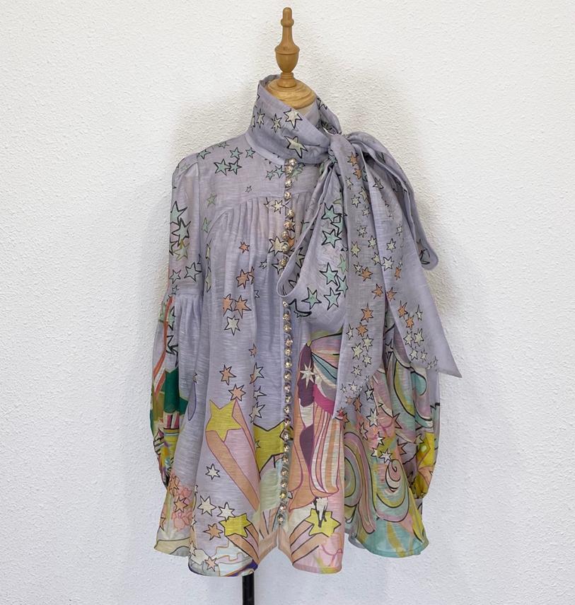 

2022 European shirt and American fashion brand women039s silk linen printed shirt7140103, Multi
