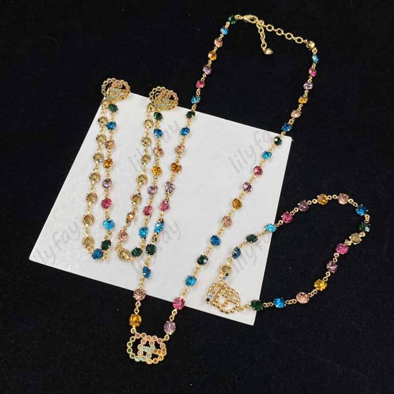 

Luxury Colorful Gems Bracelets Womens Designer Jewelry Sets Gold Chain Love Earrings Fashion G Letters Twinkle Necklaces 925 Silver With Box