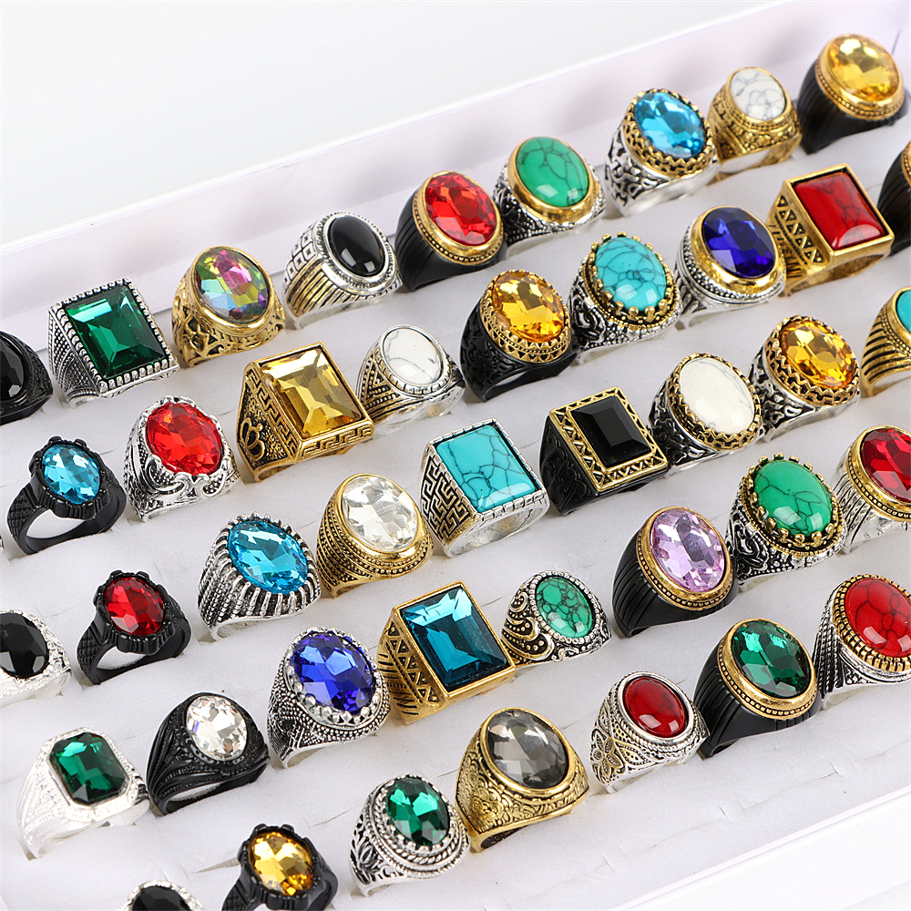 

50Pcs/Lot Vintage Antique Glass Carved Flowers Rings Silver Jewelry For Men Women Mix Style Wedding Gifts Wholesale