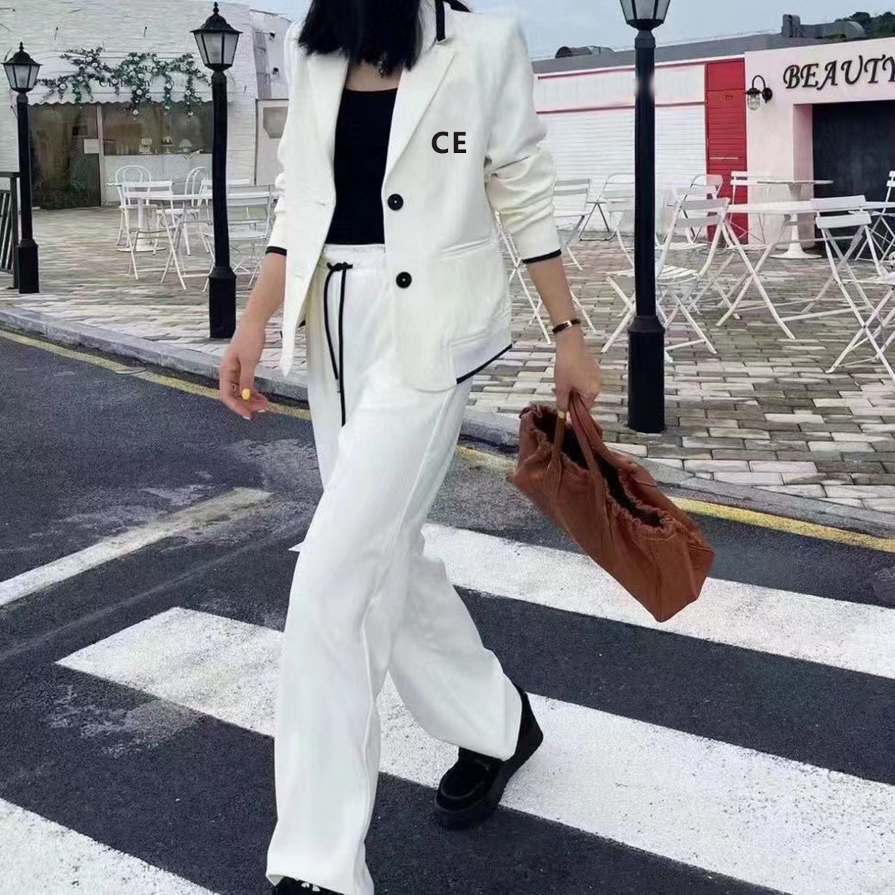 

Women's Two Piece Pants Casual Suits Designers CE Jackets Coats For Women Long Sleeve Jacket Cool Girls Streetwear Womens Clothing Set E131878, White