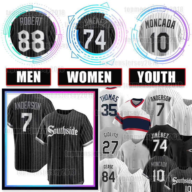 

7 Tim Anderson Eloy Jimenez Baseball Jersey Luis Robert Yoan Moncada Joe Kelly White Sox Andrew Benintendi Vaughn Frank Thomas Bo Jackson Yasmani Grandal Dylan Cease, Men jersey(b w)