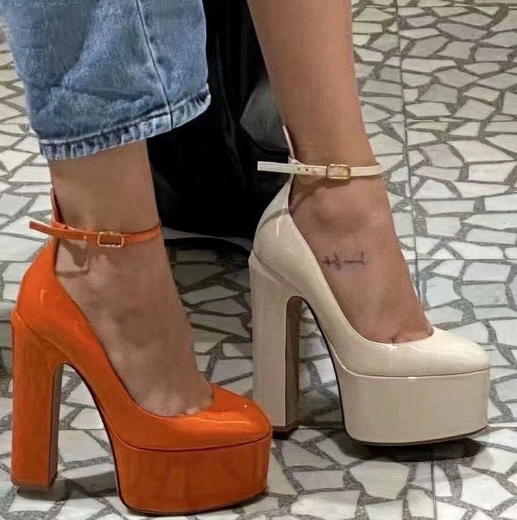 

Women Dress Shoes Sexy Super high Platform heel 15.5cm chunky Wedding Genuine Patent Leather Classics Lady Office Career Party Heels E22, 1#